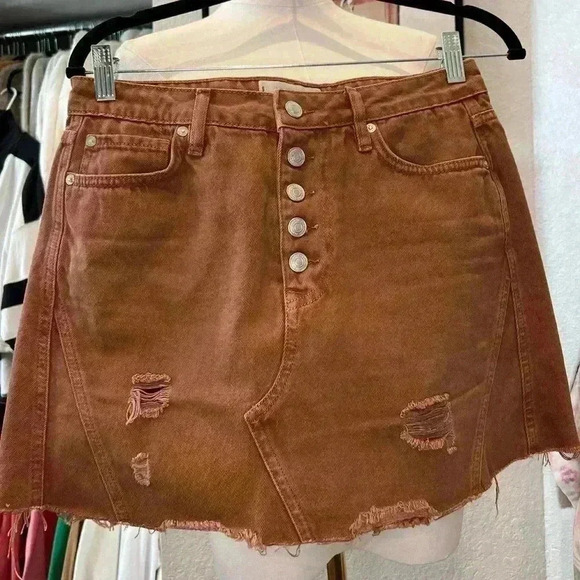 Free People Deconstructed Denim Mini Skirt Rust Burnt Orange SZ 29 - Picture 1 of 5